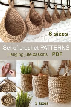 crocheted baskets hanging on the wall with text overlay that says, set of crochet patterns hanging jute baskets