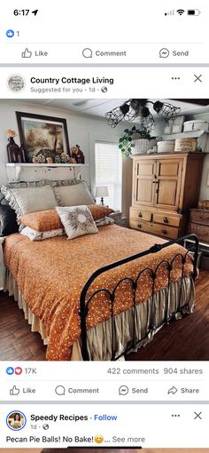 a bed room with a neatly made bed next to a dresser and mirror on the wall