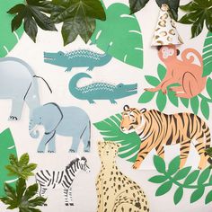 an animal themed wallpaper with jungle animals and giraffes