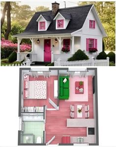 a house with pink walls and white trims is shown in two different pictures, one has