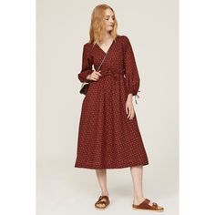 Red crepe (100% Cotton). Hourglass. Long sleeves. V-neck. Tie closure. 47" from shoulder to hemline. Imported. Fall Rayon Midi Dress For Brunch, Red Surplice Neckline Dress For Brunch, Red Maxi Dress For Workwear In Fall, V-neck Viscose Maxi Dress For Work, Red Casual Maxi Dress For Work, Red Midi Dress For Fall Brunch, Casual Red Maxi Dress For Work, Red V-neck Dress For Spring Formal, Elegant Red V-neck Dress For Fall