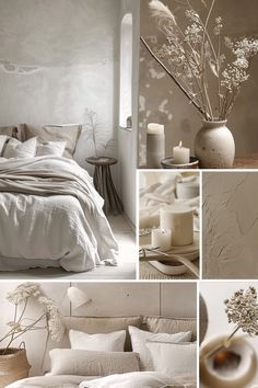 a collage of photos with flowers, candles and bed linens in neutral tones