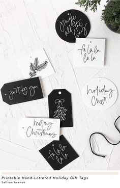 some black and white tags with writing on them next to a potted pine tree