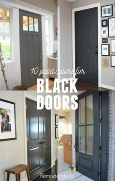 black doors with pictures on the wall above them