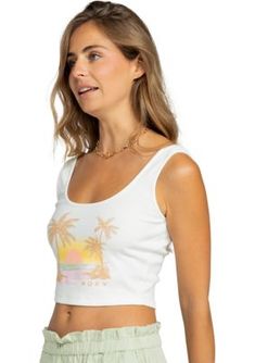 A tropical scene is displayed across this charming cropped t-shirt from Roxy. | Roxy Women's Sunset Beach Drive In Graphic T-Shirt, White, Medium Trendy Tropical Print Top For Vacation, Trendy Top With Tropical Print For Vacation, Trendy Tops With Tropical Print For Vacation, Summer Beach Crop Top With Crew Neck, Summer Beach Crew Neck Crop Top, Casual Tropical Print Crop Top For Summer, Summer Crew Neck Crop Top For The Beach, Summer Graphic Tee Cropped Top, Graphic Tee Cropped Summer Top