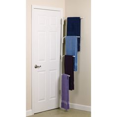 "Find the Household Essentials HINGE-IT Clutterbuster Family Towel Bar at Michaels. com. By utilizing a door's hinges, the Clutterbuster organizer's four bars instantly create 300% more hanging space than a typical towel bar or set of hooks. The HINGE-IT Clutterbuster Family Towel Bar is the ultimate solution to bathroom and bedroom clutter. This cleverly designed piece makes use of the often forgotten space behind a door without scratching or damaging the hardware. By utilizing a door's hinges, Bathroom Towel Storage Ideas, Fabrikasi Logam, Bathroom Towel Storage, Towel Bars, Towel Storage, Ideas Bathroom, Small Storage, Household Essentials, Diy Bathroom