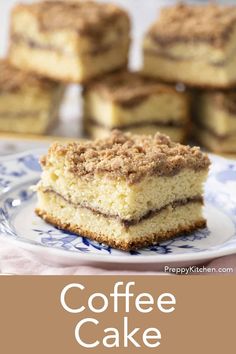 coffee cake on a blue and white plate with the words coffee cake in front of it