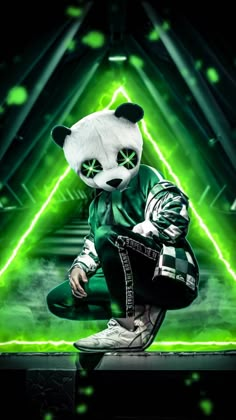 a person in a panda suit and mask on a skateboard with neon lights behind them