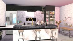 a modern kitchen with marble counter tops and bar stools