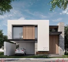 a car is parked in front of a modern house with wood and white sidings