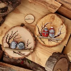 two small owls sitting on top of wooden slices