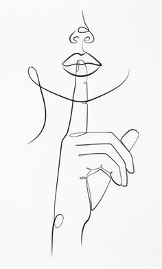 a black and white drawing of a woman's face with her hand on the lip