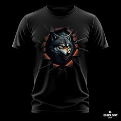 a black t - shirt with an image of a wolf on it