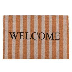 a welcome mat with the word welcome on it in black and orange stripes, against a white background