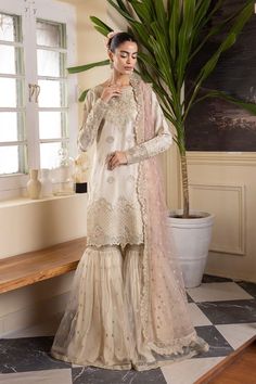 Ivory Embroidered Pakistani Wedding Dress in Kameez Sharara Style Sharara Style, Raw Silk Dress, Pakistani Wedding Dress, Organza Sleeves, Embroidered Organza, Pakistani Wedding Dresses, Silk Dyeing, Pakistani Outfits, Pakistani Wedding