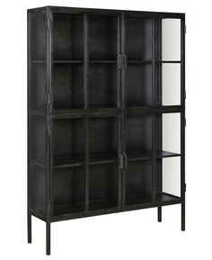 a black bookcase with glass doors on the front and bottom shelves, against a white background