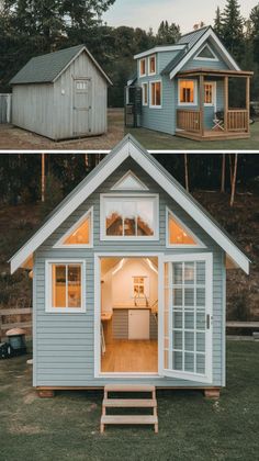 two pictures of small houses with windows and doors