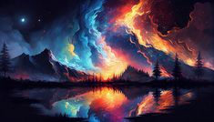 an artistic painting of mountains and trees in the night sky with bright lights on them