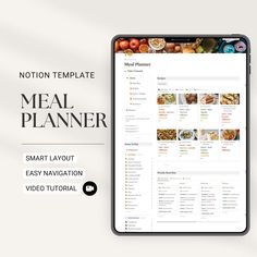 the meal planner app is displayed on an iphone and tablet screen with text that reads,'notton template meal planner smart layout easy navigation video