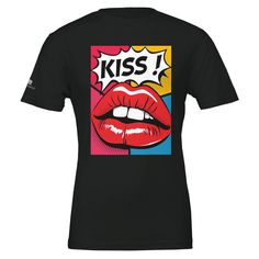 "KISS! Pop Art Lips T-Shirt". The "KISS!" T-shirt features a vibrant pop art design with bold, colorful graphics. The focal point is a pair of luscious red lips, drawn in a classic comic book style, with the word "KISS!" in an explosive speech bubble above. This eye-catching design captures the essence of retro pop art, making a bold statement. Product Description: Introducing the "KISS!" T-shirt, a striking piece perfect for those who love to stand out. Available exclusively at toontreasure.com, this unisex tee is crafted from premium Airlume combed and ring-spun cotton, ensuring both comfort and durability. The vivid pop art design, with its bright colors and bold lines, adds a playful and artistic flair to your wardrobe. The expressive red lips and the energetic "KISS!" text create a dy Pop Art Lips, Art Lips, Heather Storm, Retro Pop Art, Classic Comic Books, Pop Art Design, Comic Book Style, Retro Pop, Classic Comics