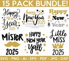 happy new year svg bundle for silhouettes and cut files, includes 5 different font styles