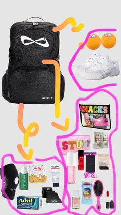 the contents of a backpack are shown in pink and orange lines, including an orange slice