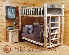 a wooden bunk bed sitting inside of a room