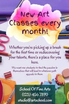 an advertisement for art classes every month with school supplies on the table and back to school message