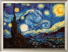 the starry night painting is displayed in a black frame