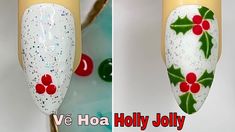 Christmas Holly Nail Art, Holly Nail Design, Christmas Nails With Holly, Nail Art Flowers Easy, Easy Diy Christmas Nails, Holly Nail Art, New Nails Design, Holly Nails, Beginner Nail Tech