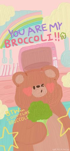 there is a drawing of a teddy bear holding broccoli in it's arms