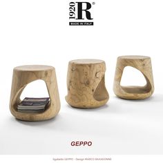 three wooden stools sitting next to each other on top of a white surface with the words geppo written below them