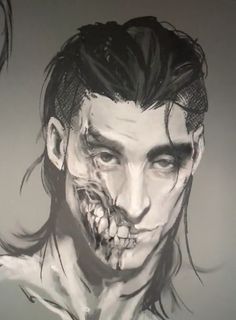 a black and white drawing of a man with his face painted like a zombie or monster