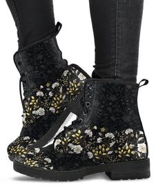 "Title: Black Floral Pattern Boots Womens Angkle Fashion, Vegan Leather, Combat Lace Shoes Gifts Friend Her Custom Casual Bohemian Cowgirl Description: All of our Women's Leather Boots are custom-made-to-order and handcrafted to the highest quality standards. *Features vegan-friendly leather with a double-sided print and rounded toe construction. *Lace-up closure for a snug fit. *Soft textile lining with sturdy construction for maximum comfort. *High-quality rubber outsole for traction and excep Boho Chic Boots, Bohemian Cowgirl, Floral Combat Boots, Leather Shoe Laces, Combat Boots Style, Black Floral Pattern, Vegan Leather Boots, Handcrafted Boots, Lace Shoes