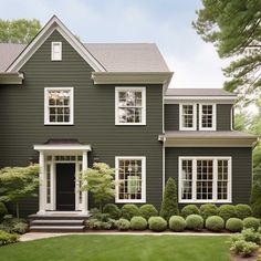 a gray house with white trim and windows on the front door is surrounded by lush green grass