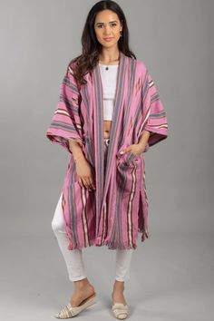 Margarita Ikat Striped Jacket Pink Multicolor Relaxed Fit Outerwear With Pockets, Relaxed Fit Multicolor Outerwear With Pockets, Casual Fall Robe, Bohemian Outerwear With Pockets Relaxed Fit, Pink Outerwear With Pockets For Loungewear, Long Pink Beach Outerwear, Casual Outerwear With Kimono Sleeves, Multicolor Cotton Open Front Outerwear, Casual Outerwear With Kimono Sleeves And Pockets