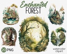 the watercolor clipart is designed to look like an enchanted forest with lots of trees and houses