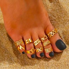 New Set Of 10 Open Toe Rings With Hollow Out Star And Moon Design. Adjustable Size To Fit Most Feet. Made Of Durable Alloy, 14k Gold Plated And Lightweight. Gold Stackable Jewelry For Summer, Gold Stackable Summer Jewelry, Summer Gold Stackable Jewelry, Gold Open Ring For Summer, Gold Toe Ring Jewelry For Beach, Gold Toe Ring For Beach, Gold Midi Rings As A Gift For Summer, Gold Midi Rings As Summer Gift, Silver Cat Ring