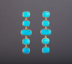 This pair of chained turquoise string earrings with its distinctive blue would be a great reward for your self or a nice gift for your mother or best friend. Each one has a string of five turquoise stones set in gold plated bezels: 1. Stones : five rectangular turquoise stones connected in a dangled chain each stone is about 11 x 10mm 2. earring total length ~ 64 mm 3. bezel material: 24k gold plated over sterling silver 4. earring post: 24k gold plated over sterling silver 5. if sending as a gi Turquoise Stone Jewelry, Earring Frame, String Earrings, Earring Long, Turquoise Earring, Engraved Locket, Natural Turquoise Stone, Turquoise Earrings Dangle, Earring Ideas