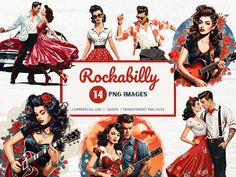 the rockabilly pin images are displayed in different styles and sizes, including women with guitars