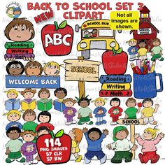 the back to school clipart set is shown with children and an apple on it