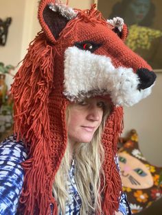 Hand made crochet fox hat. Made with acrylic yarn. Adult sizes. Luna Lovegood Lion, Crochet Fox Hat, Lion Hat, Fox Hat, Costume Hats, Acrylic Yarn, Costume Accessories, Friends In Love, Color Combos