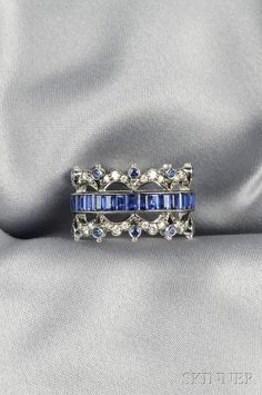 18kt White Gold, Sapphire, and Diamond Band, Fred Leighton ~ channel-set with emerald-cut sapphires, circular-cut sapphire and full-cut diamond melee accents Crown Wedding Band, Sapphire Crown, Sapphire And Diamond Band, Fred Leighton, Blue Emerald, Cz Rings Engagement, Channel Setting, Vintage Sapphire, White Gold Sapphire