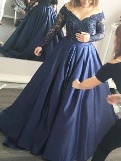 Ball Gown Off-the-Shoulder Long Sleeves Beading Satin Prom Dresses Navy Prom Dress Long, Dark Blue Prom Dresses, Lace Prom Gown, Navy Prom Dresses, Evening Dress Long, Prom Dresses 2018, Lace Ball Gowns, Long Sleeve Prom, Blue Evening Dresses