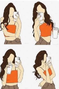 four different poses of a woman taking a selfie with her cell phone and drinking coffee