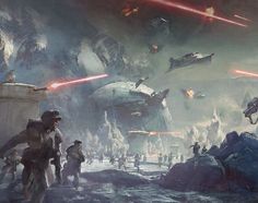 star wars battle scene with many people and vehicles