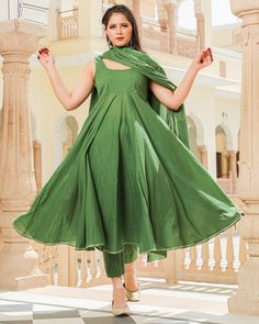 Aarvi Dress Set - Baisacrafts Dupatta Dress, Green Anarkali, Gotta Work, Palazzo Suit, Anarkali Kurta, Cotton Dupatta, Online Shopping India, How To Hem Pants, Home Dress