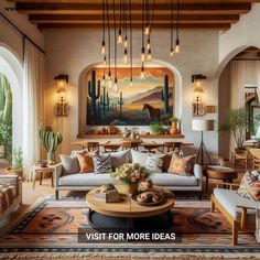 a living room filled with lots of furniture next to a painting on the wall above a coffee table