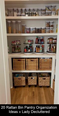 an organized pantry with baskets and food in the bottom shelf, labeled rattan bin party organization ideas lady decluttered