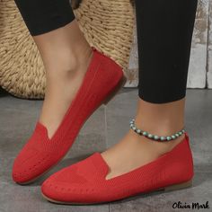 Olivia Mark - Comfortable Knitted Mesh Slip-on Loafers with Shallow Mouth and Flat Sole Casual Pointed Toe Slip-ons With Textured Sole, Casual Red Loafers For Spring, Red Casual Summer Loafers, Casual Solid Flats For Fall, Casual Solid Color Flats For Fall, Casual Red Spring Loafers, Casual Loafers With Textured Footbed, Red Closed Toe Casual Loafers, Red Low-top Loafers For Spring